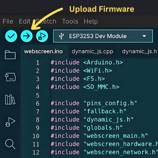 Arduino IDE showing firmware upload process to WebScreen device